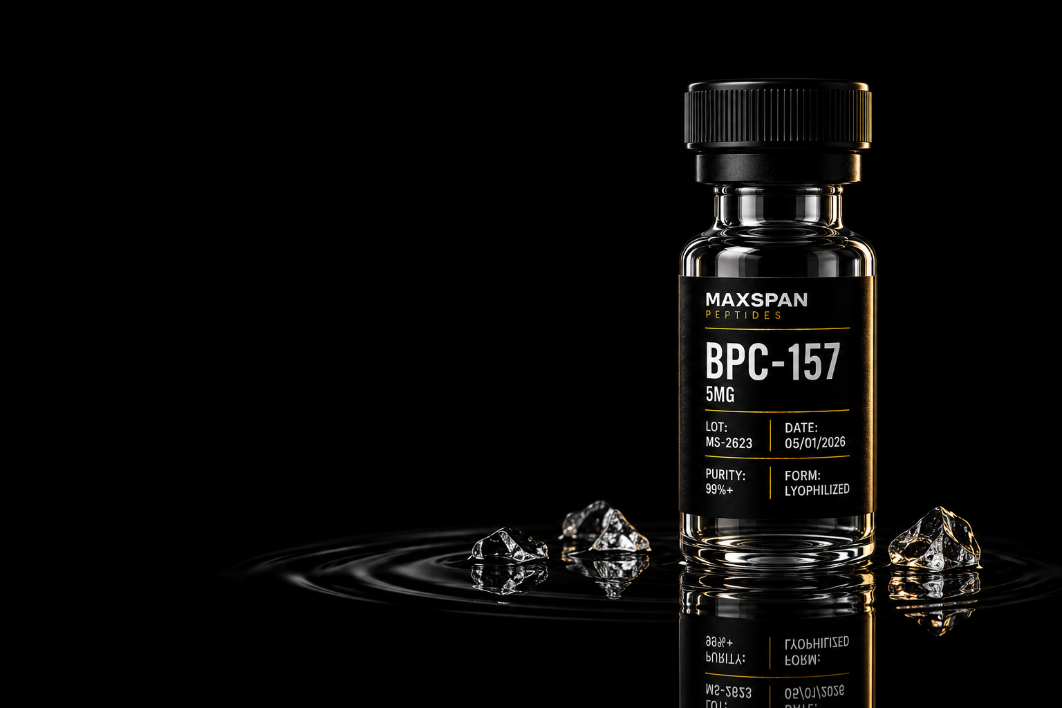 MaxSpan BPC-157 vial on black water